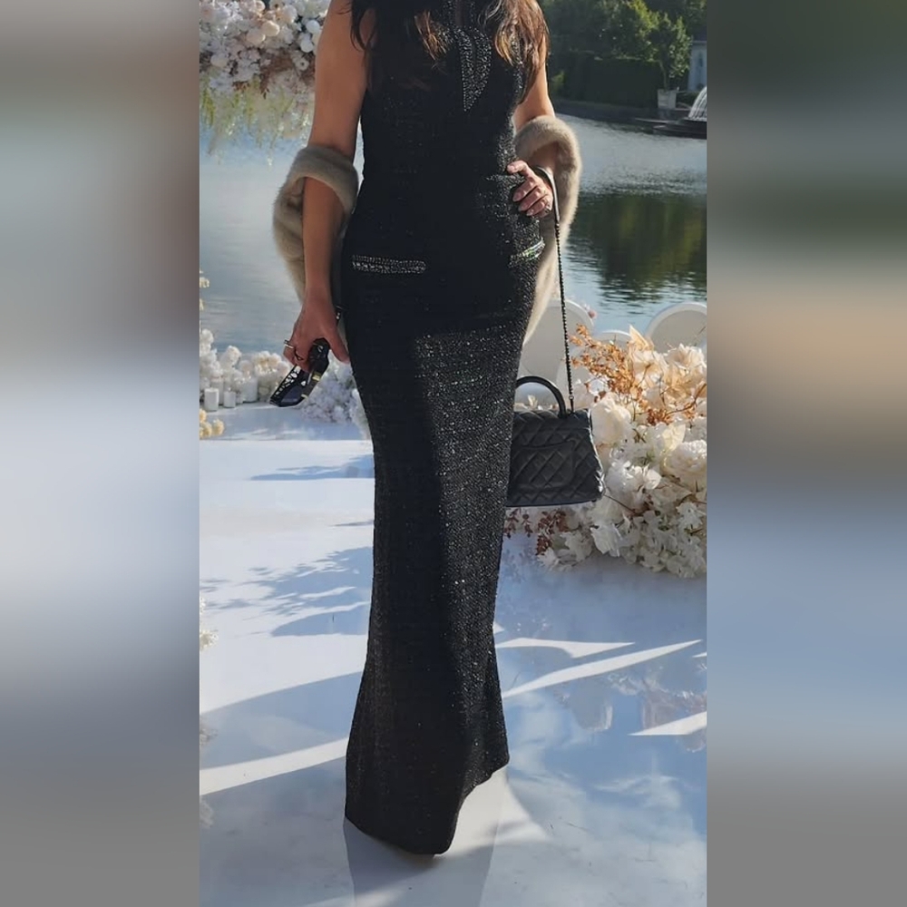 Tweed Sleeveless Gown Black Evening Gown Embellished Boat Neck Sparkle